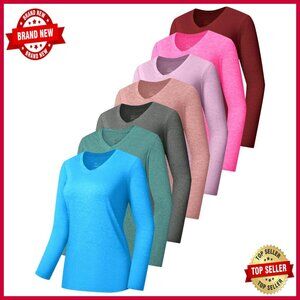 7 Pack Long Sleeve Athletic Shirts UPF 50+ Quick Dry V-Neck Workout Tops